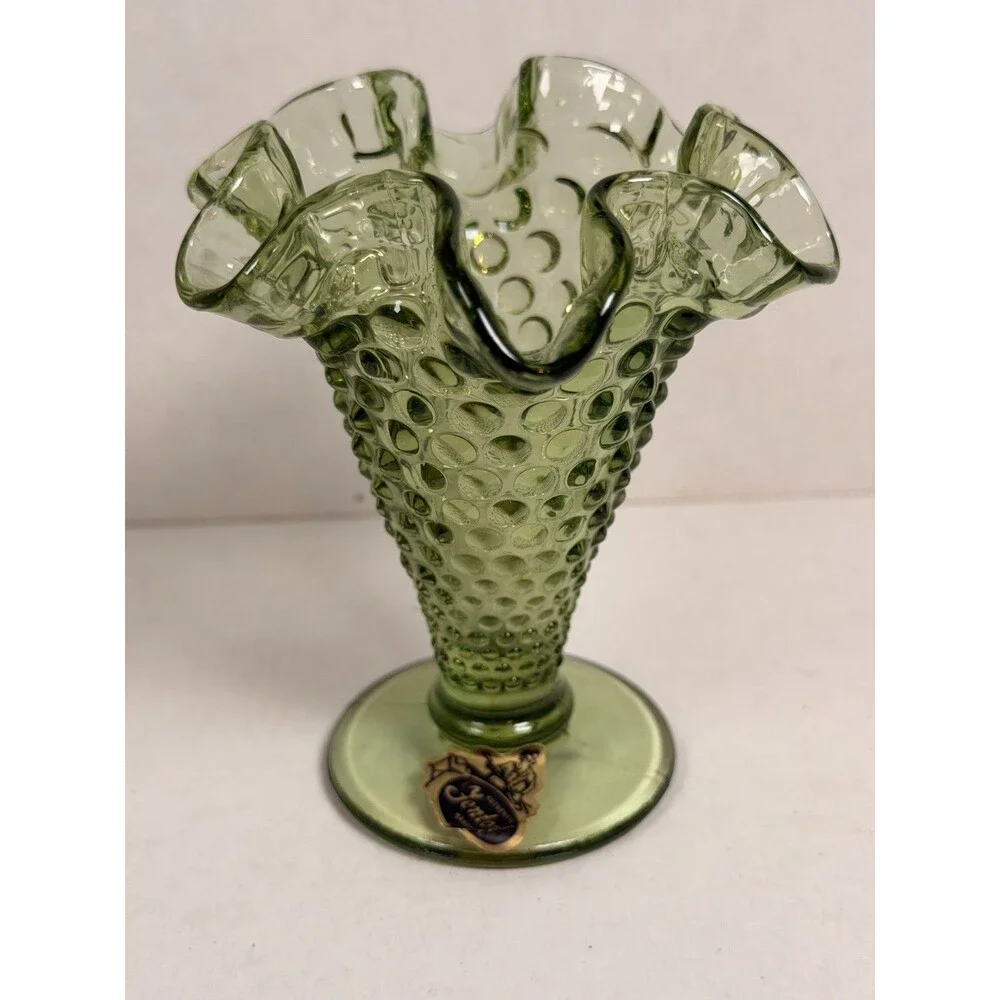 Fenton Art Glass Green Hobnail Vase Height 4